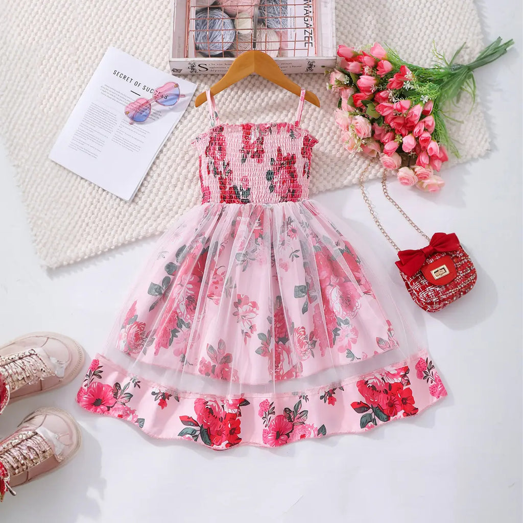 Girls Pink Floral Print Tulle Overlay Fit & Flare Dress Casual Dresses