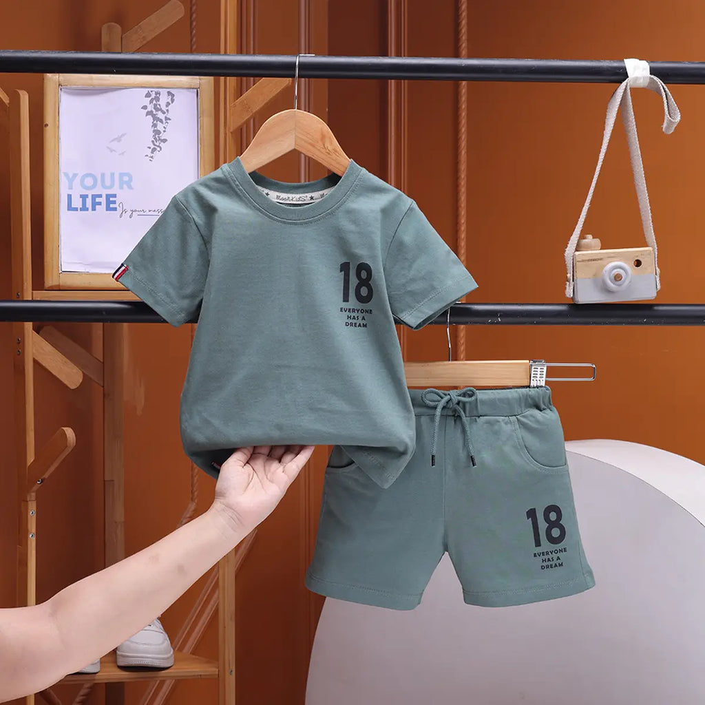 Boys Green Typographic Printed Short Sleeve T-Shirt With Shorts Sets 2 pc. Sets Green 6-12 M