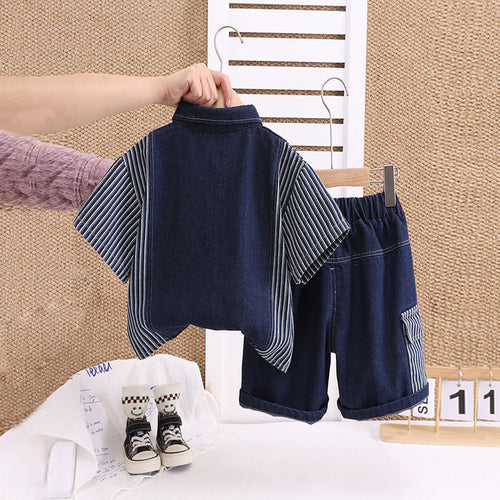 Boys Dark Blue Striped Denim Shirt And Shorts set 2 pc. Sets