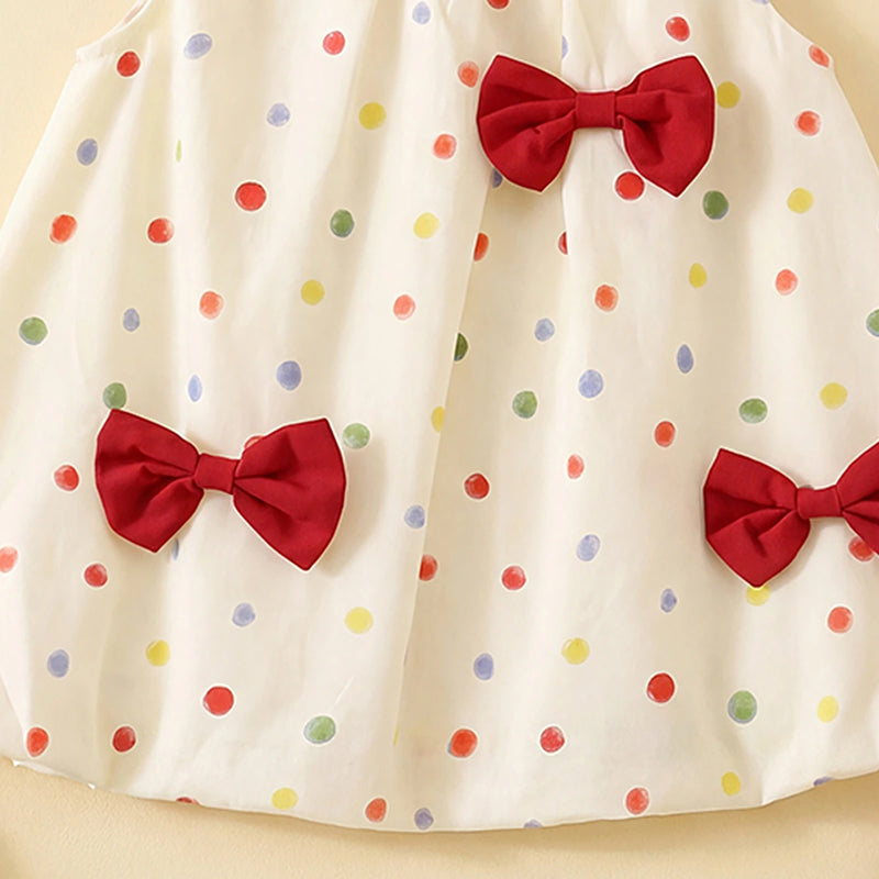 Girls Red Bow Applique Polka Dot Print Sleeveless A-Line Dress Casual Dresses