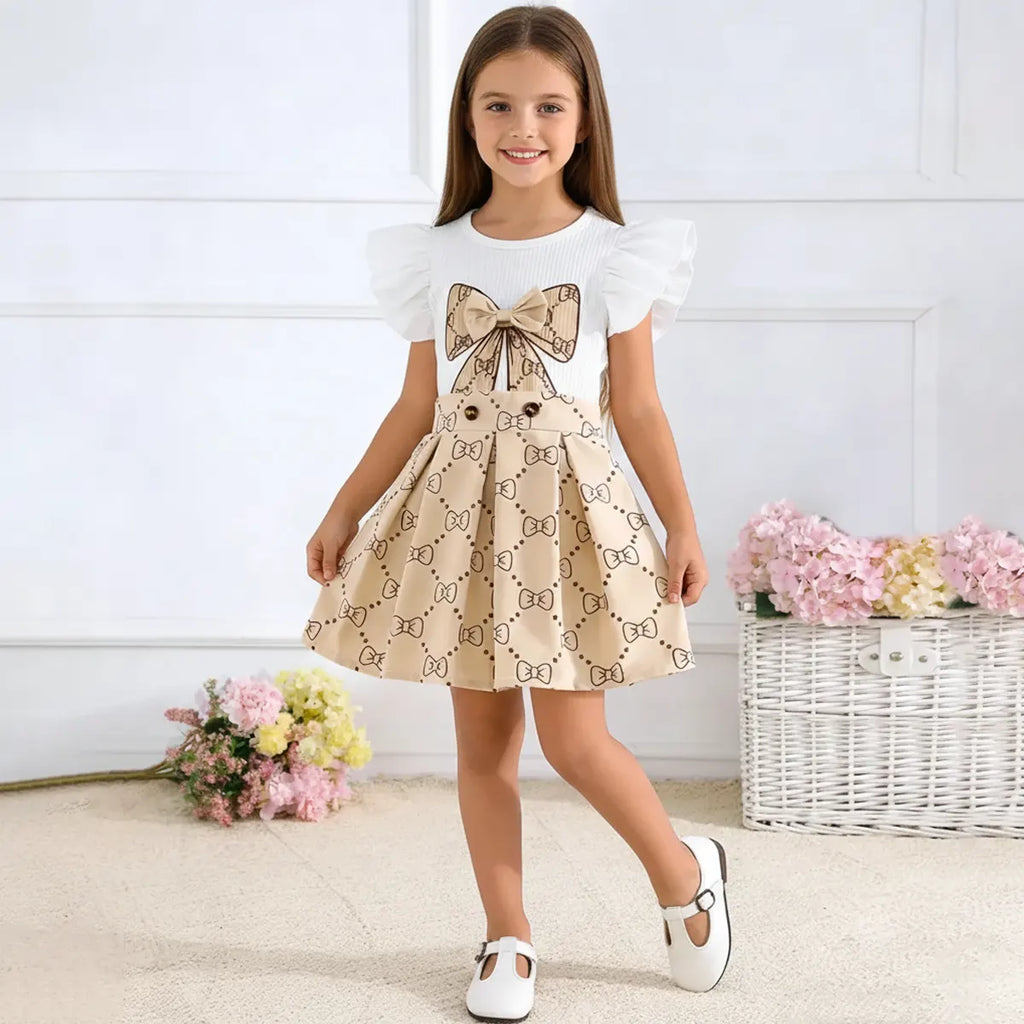 Girls White Bow Printed Top With Skirt Sets Sets