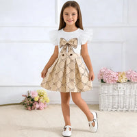 Girls White Bow Printed Top With Skirt Sets Sets