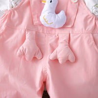 Girls Duck Printed T-Shirt With Light Pink 3D Duck Appliqued Dungaree Set 2 pc. Sets