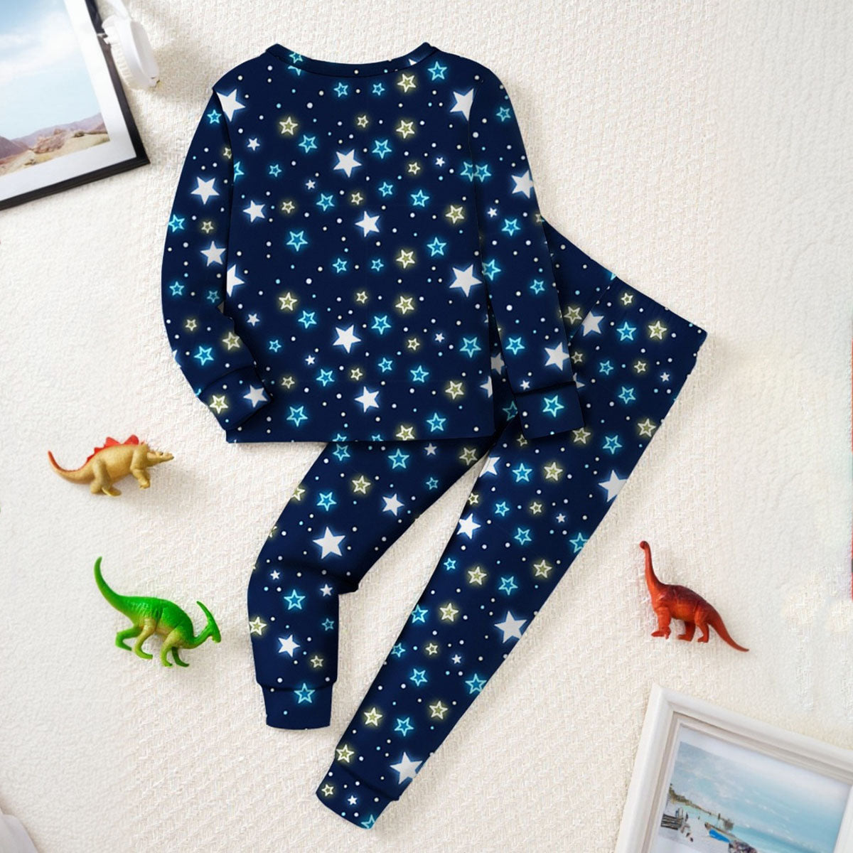 Boys Black Dinosaur Printed Glow in the Dark T-Shirt & Pajama Winter Set 2 pc. Sets