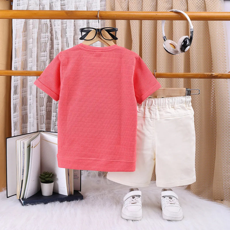 Boys Red Typographic Printed Short Sleeve T-shirts With Elasticated Shorts Sets Sets