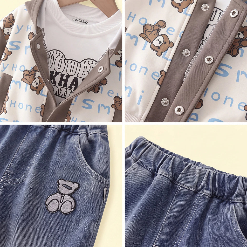 Boys Brown Typographic Hooded Jacket & T-Shirt With Denim Pants Sets Sets