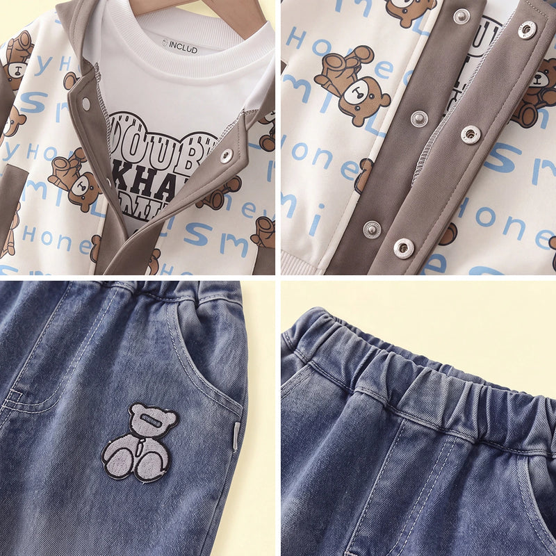 Boys Brown Typographic Hooded Jacket & T-Shirt With Denim Pants Sets Sets
