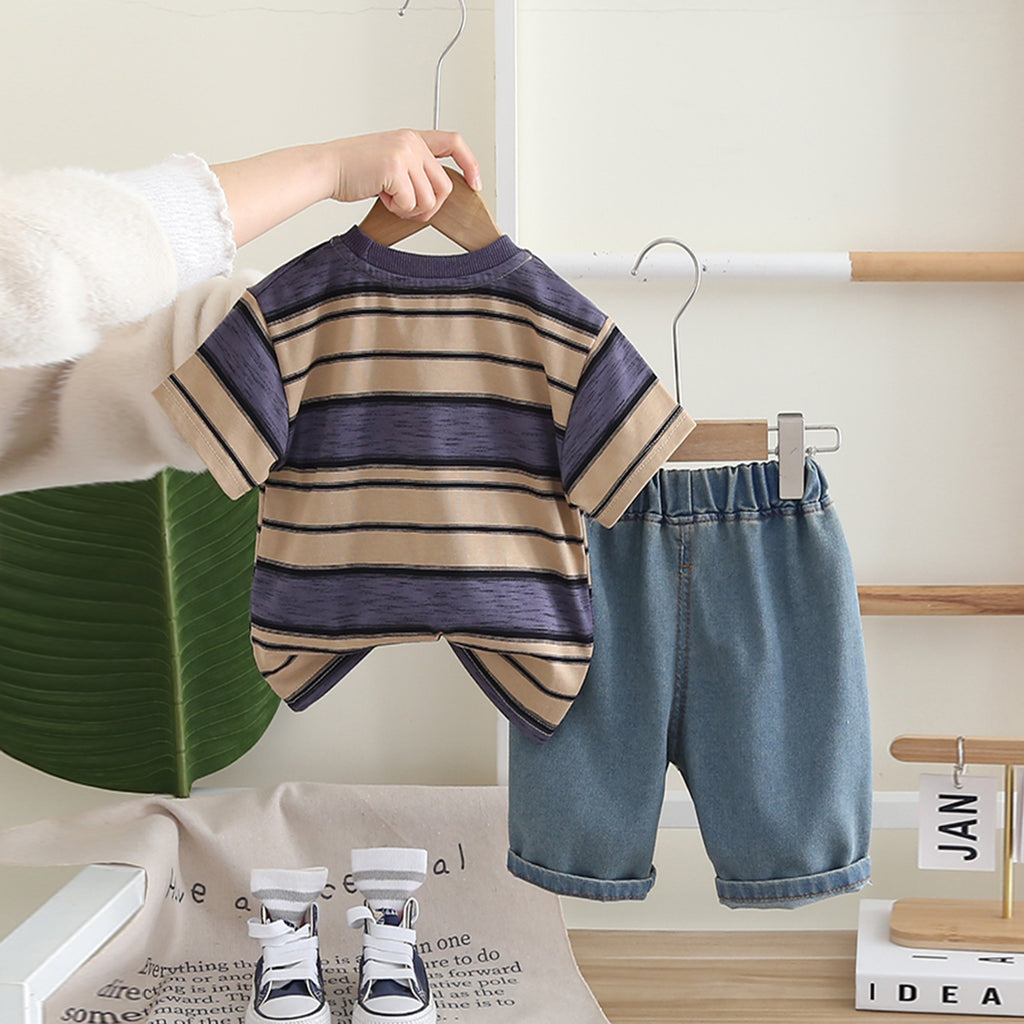 Boys Purple Headphone Graphic Stripes T-Shirt With Denim Shorts Set 2 pc. Sets