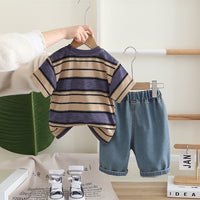 Boys Purple Headphone Graphic Stripes T-Shirt With Denim Shorts Set 2 pc. Sets