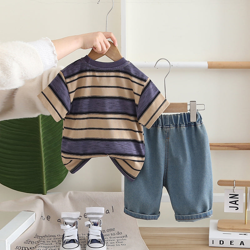 Boys Purple Headphone Graphic Stripes T-Shirt With Denim Shorts Set 2 pc. Sets