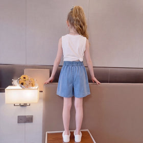 Girls Blue Bow Applique Loose Fit Denim Shorts Shorts