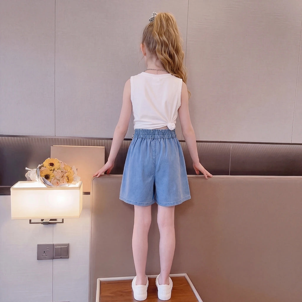 Girls Blue Bow Applique Loose Fit Denim Shorts Shorts