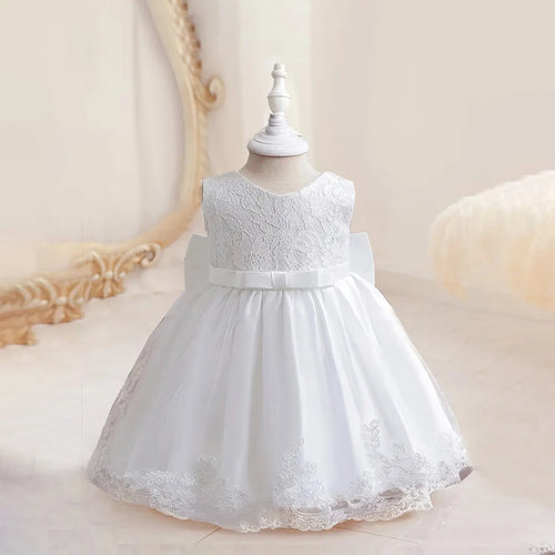 Girls White Sleeveless Scalloped Hem Party Wear Dress With Bow Party Dresses White 1-2 Y