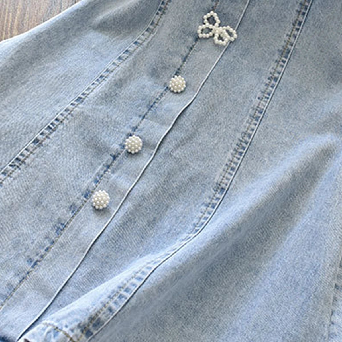 Girls Light Blue Floral Lace Puff Sleeve A-line Denim Dress Casual Dresses