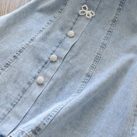 Girls Light Blue Floral Lace Puff Sleeve A-line Denim Dress Casual Dresses