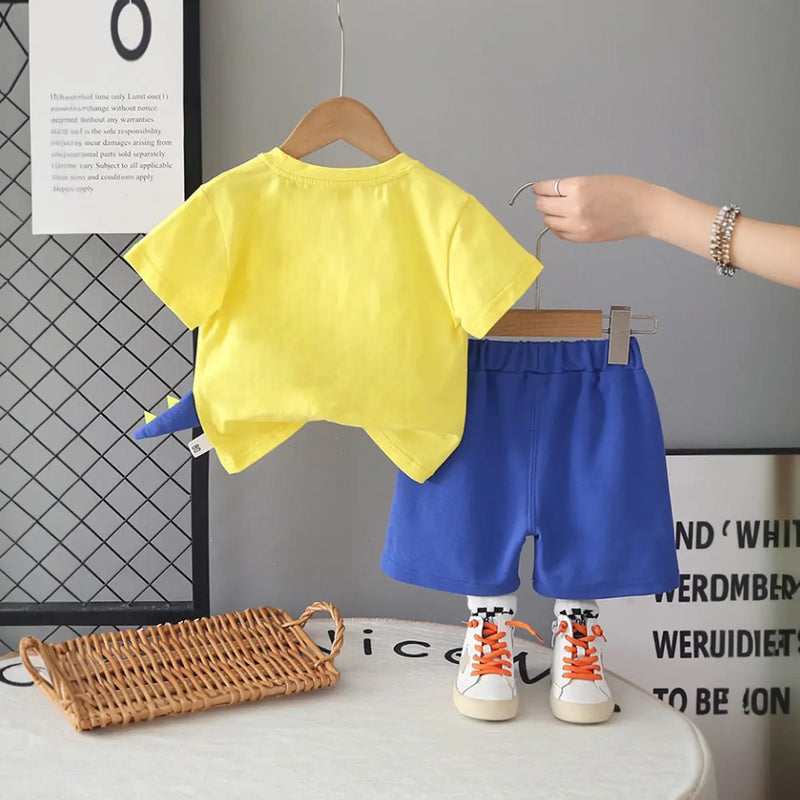 Boys Yellow Dinosaur Graphic Short Sleeve T-Shirt With Elasticated Shorts Sets 2 pc. Sets