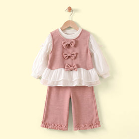 Girls Pink Bow Applique Top With Long Sleeve T-Shirt And Pants Sets 3 pc. Sets Pink 1-2 Y
