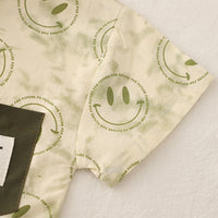 Boys Green Smiley Printed Contrast Collar Shirt With T-Shirt And Shorts Set Sets
