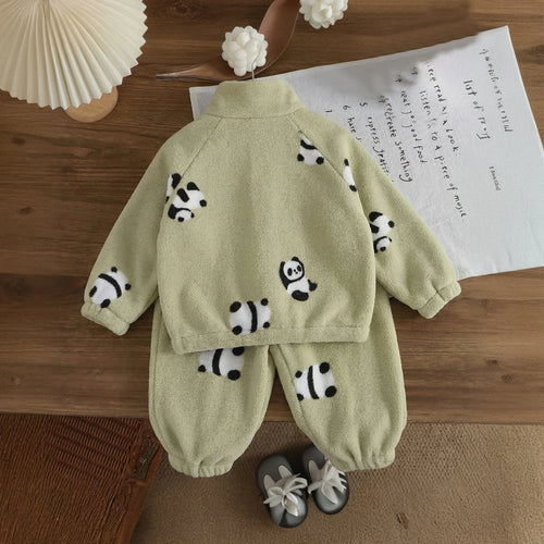 Boys Light Green Fleece Panda Cartoon Printed Zip-up Jacket With Jogger Co-ord Sets Sets