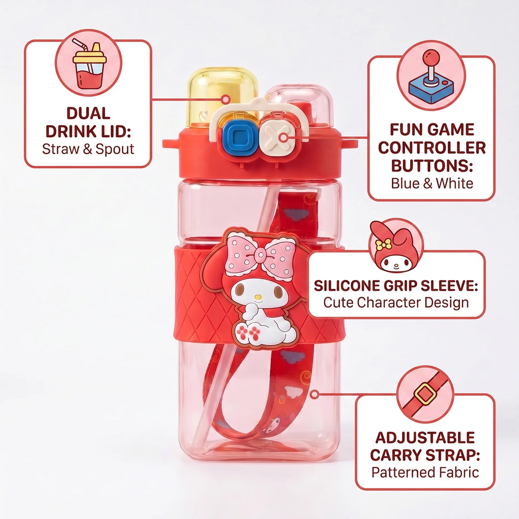 Cute Kids Red Dual Spout Water Bottle with Straw, Leakproof Lid & Adjustable Strap Trending Accessories