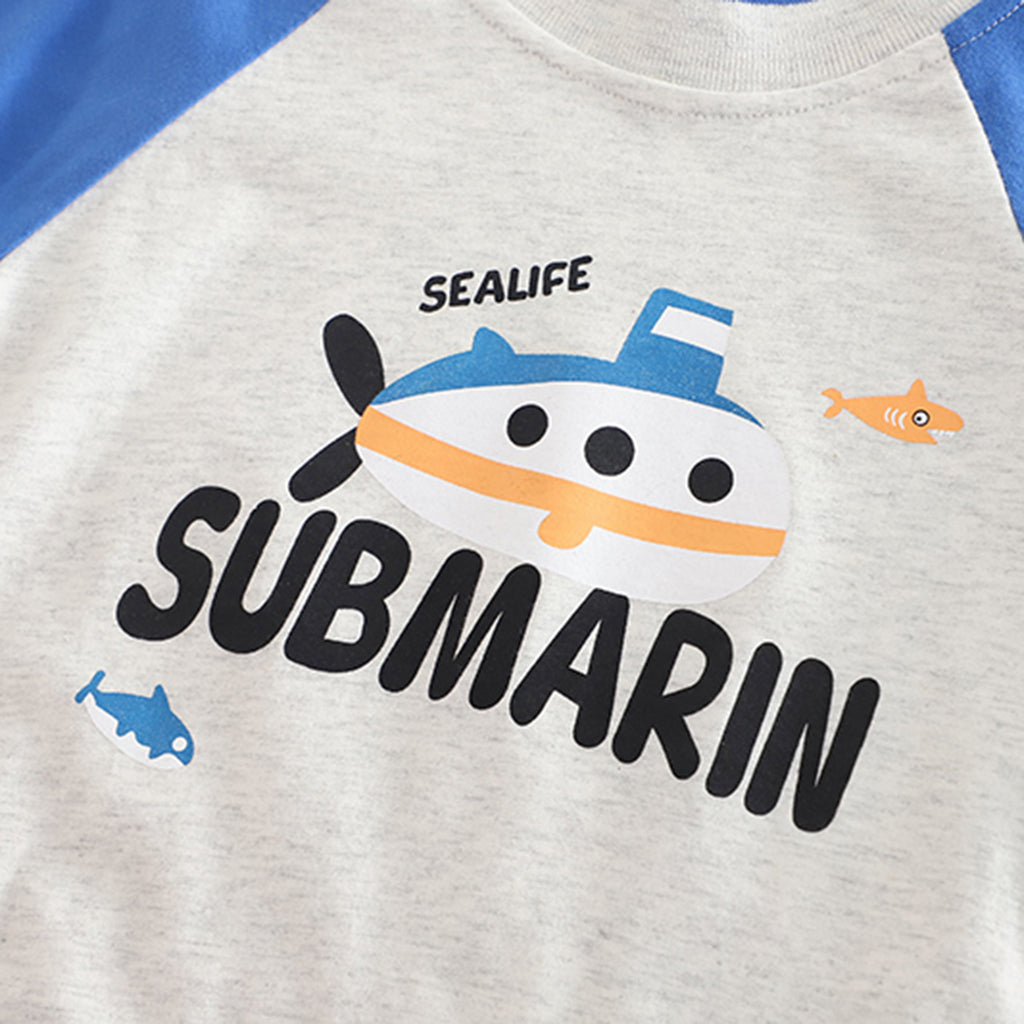 Boys Blue Submarine Printed Raglan Sleeves T-Shirt With Shorts Set 2 pc. Sets