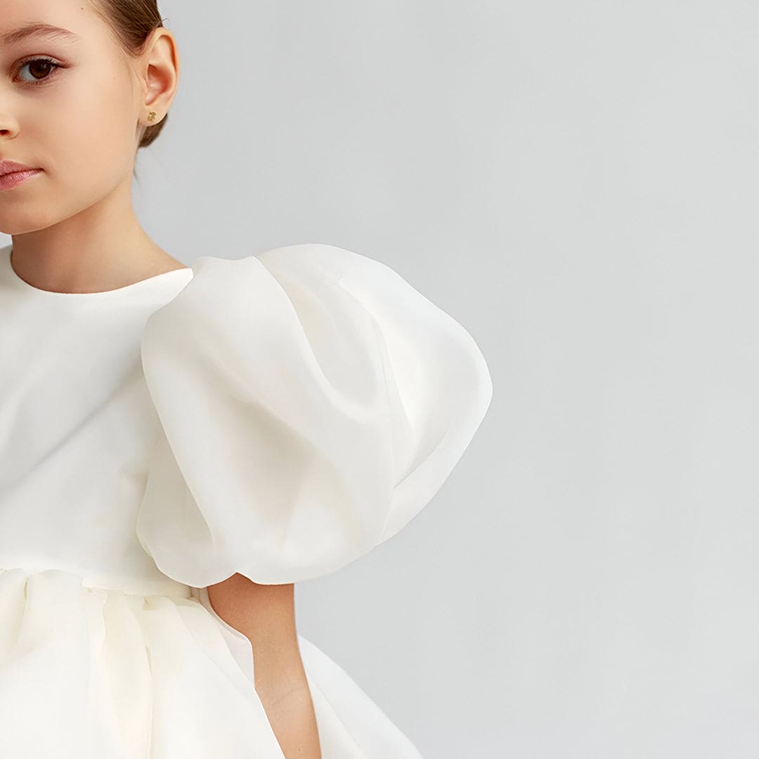 Girls White Puff Sleeves Fit & Flare Dress Party Dresses   
