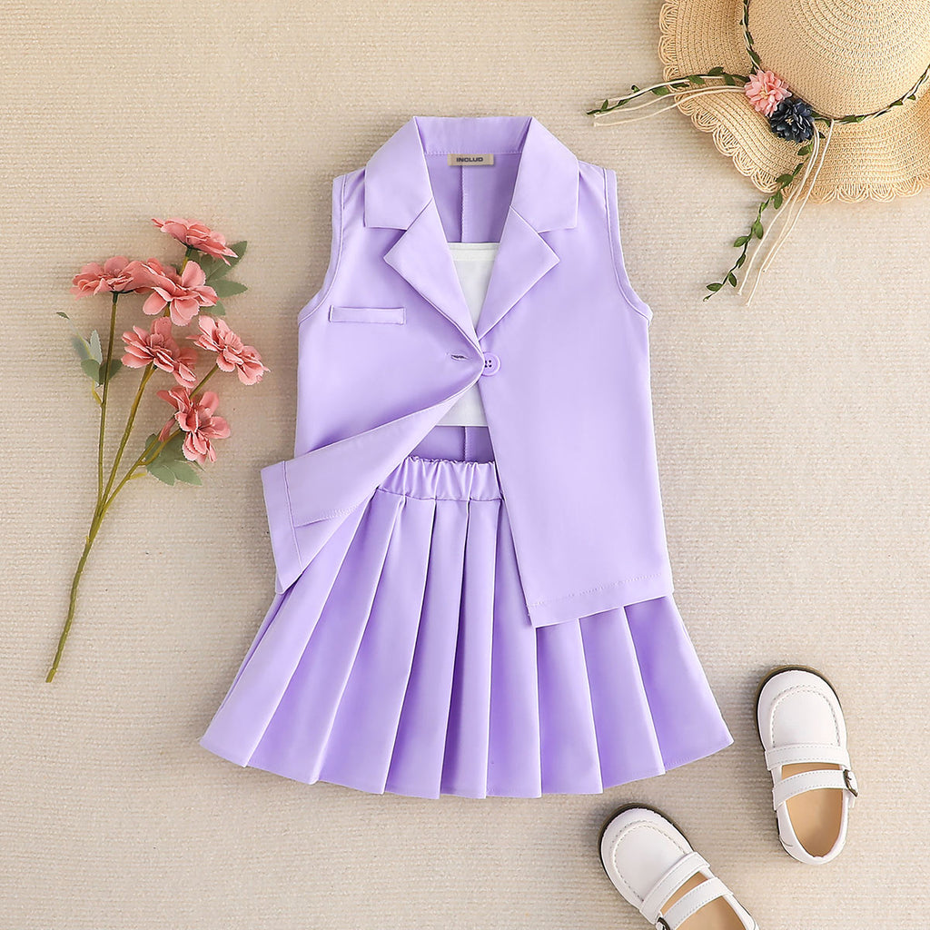 Girls Purple Sleeveless Jacket With Camisole Top And Skirts Set 3 pc. Sets