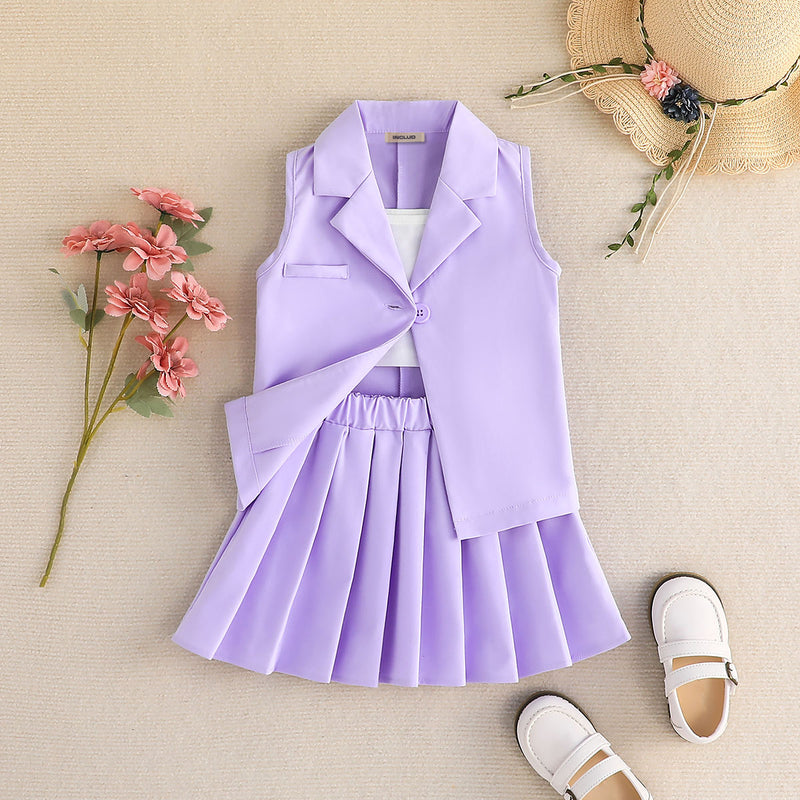Girls Purple Sleeveless Jacket With Camisole Top And Skirts Set 3 pc. Sets