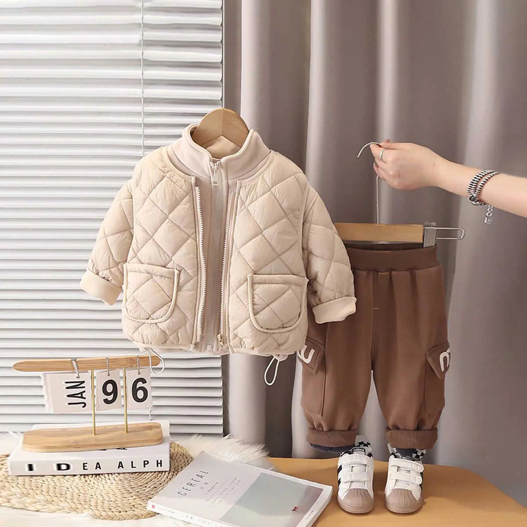 Boys Beige Long Sleeve Fleece Jacket With Quilted Vest & Jogger Sets Sets