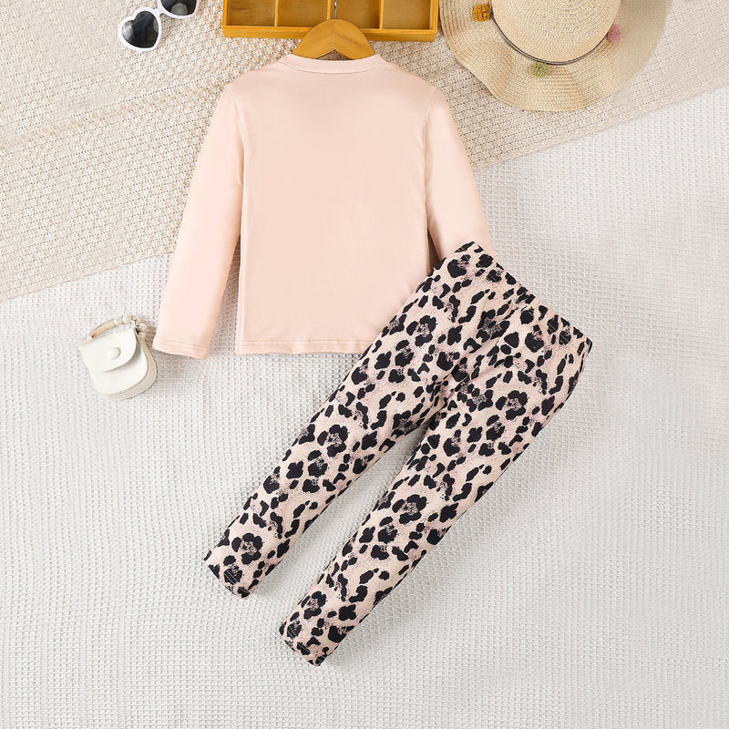 Girls Apricot Graphic Long Sleeves Top With Animal Printed Pants Set 2 pc. Sets
