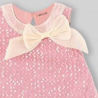Girls Pink Sequined Sleveless A-Line Dress With Bow Detail Casual Dresses