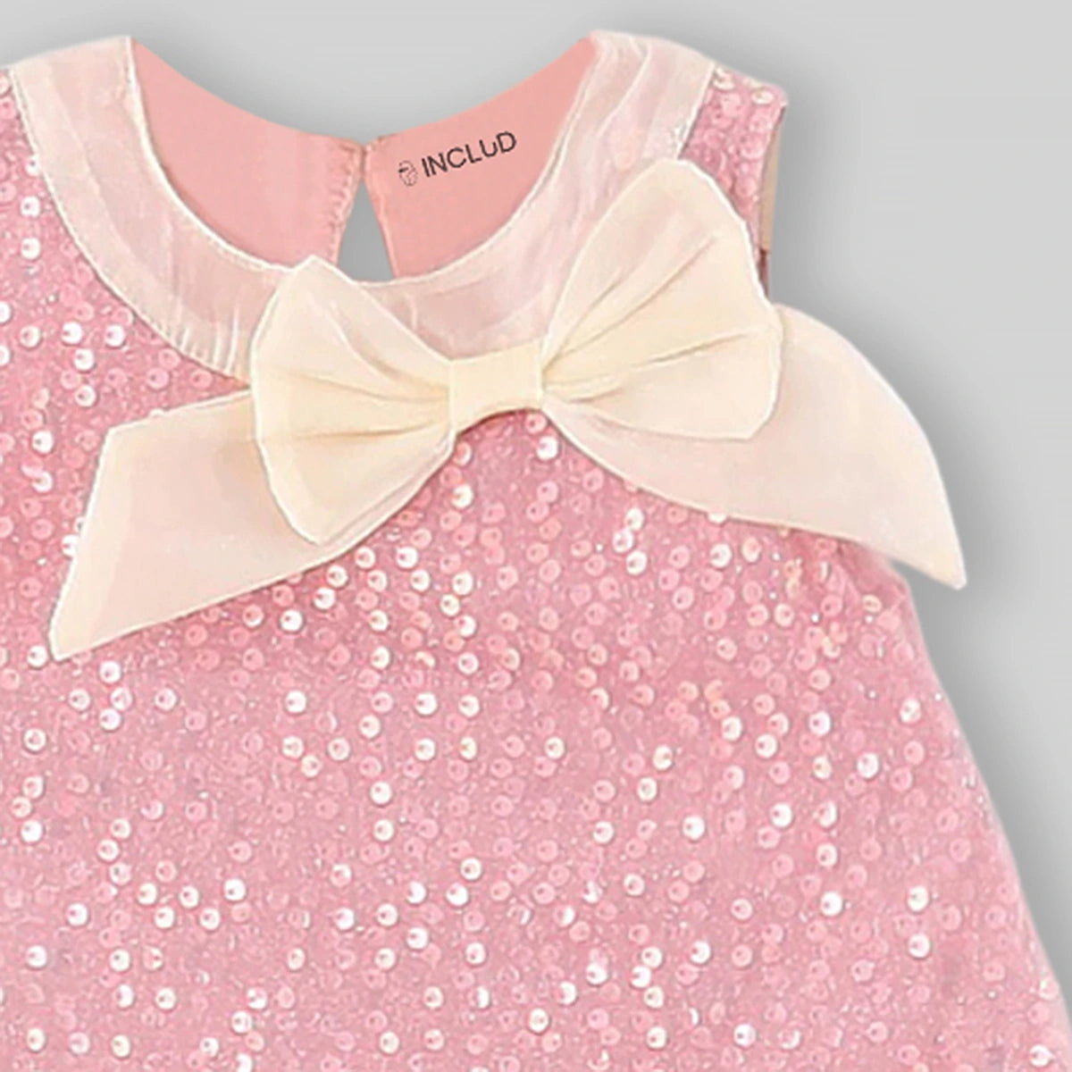 Girls Pink Sequined Sleveless A-Line Dress With Bow Detail Casual Dresses