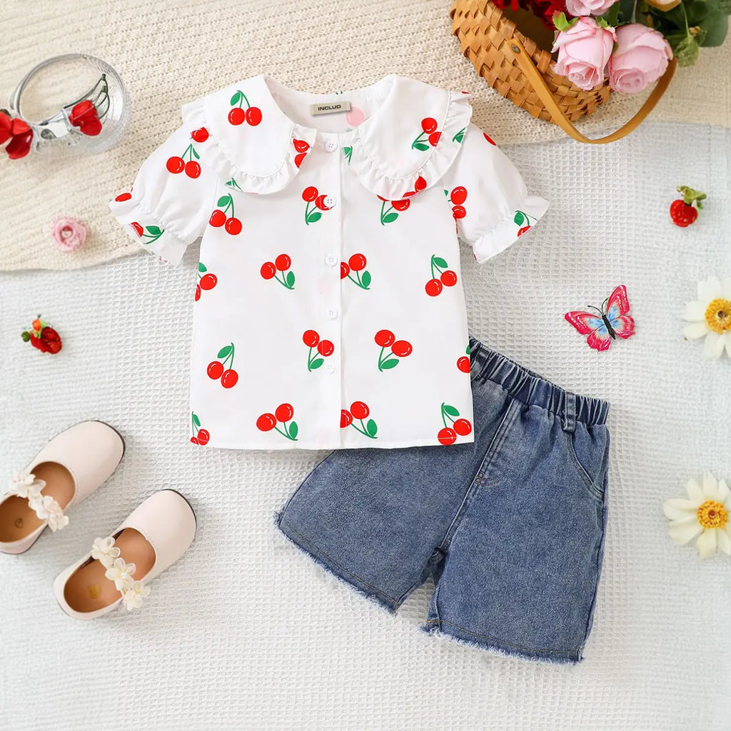 Girls White Cherry Printed Top With Denim Shorts Sets Sets White 3-4 Y