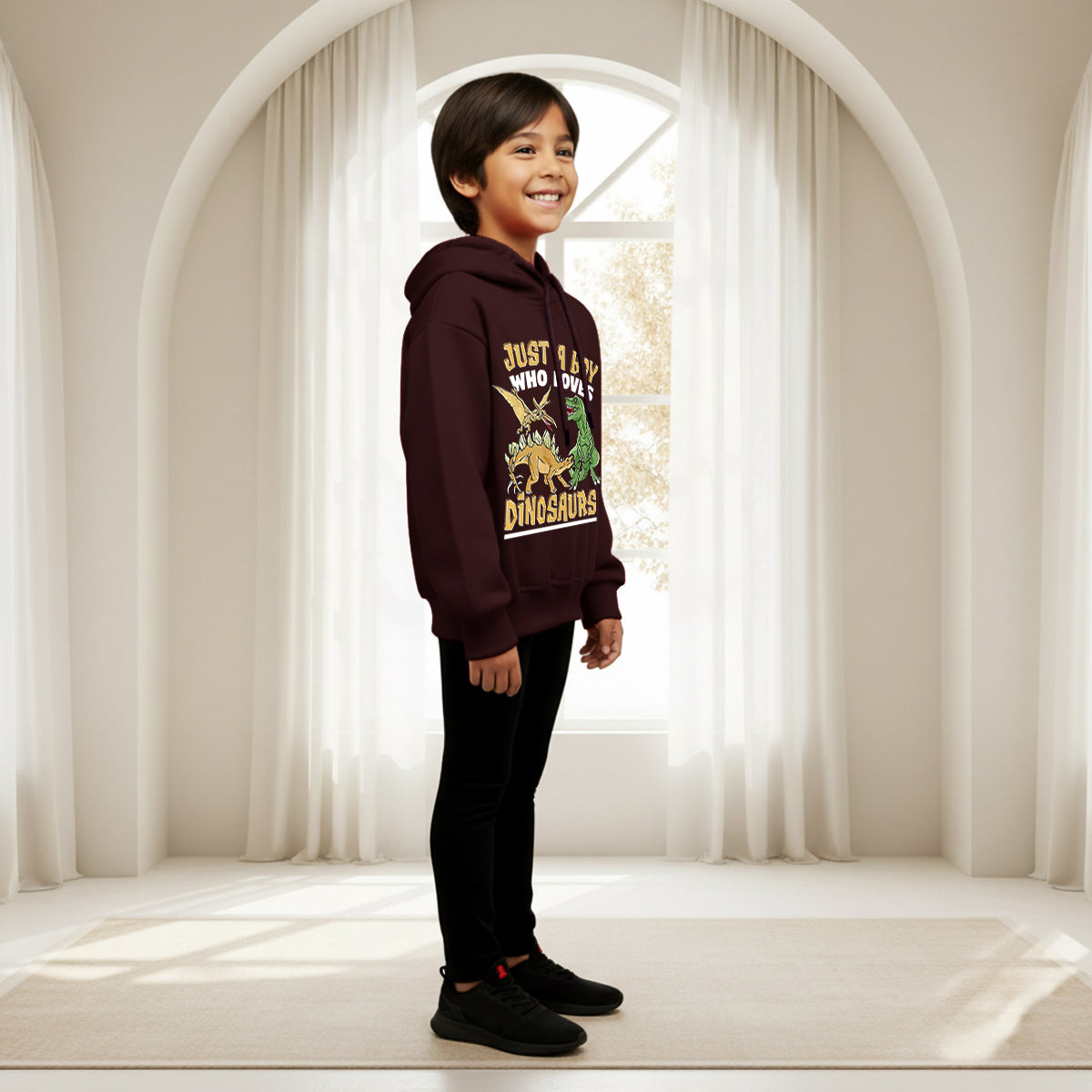 Boys Maroon Dinosaur Graphics Hoodies Sweatshirt Sweatshirts & Hoodies