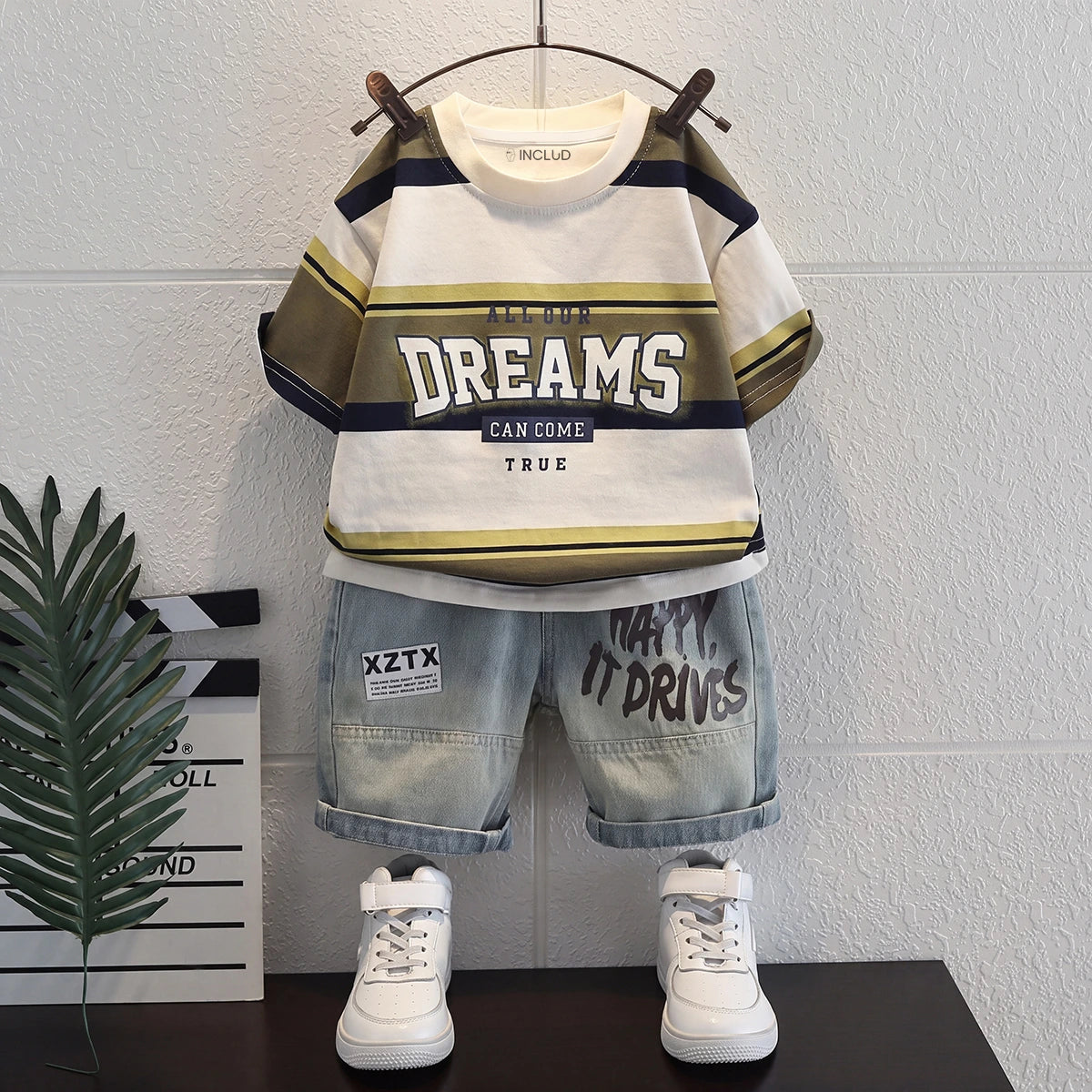 Boys Multicolour Typography print Short Sleeve T-Shirt With Denim Shorts Sets 2 pc. Sets Multicolor 1-2 Y