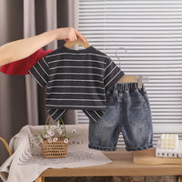 Boys Black Striped Bear Graphic T-Shirt With Denim Shorts Sets 2 pc. Sets
