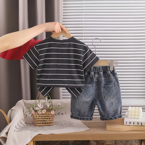 Boys Black Striped Bear Graphic T-Shirt With Denim Shorts Sets 2 pc. Sets