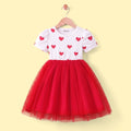 Girls White Heart Print Puff Sleeve Fit & Flare Dress Casual Dresses White 3-4 Y