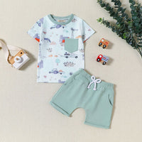 Boys Dinosaur Print Short Sleeves T-shirt With Shorts Set Sets Green 1-2 Y 