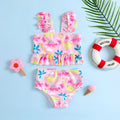Girls Pink Dinosaur Printed Ruffle Top With Briefs Swimwear Sets Sets Pink 1-2 Y