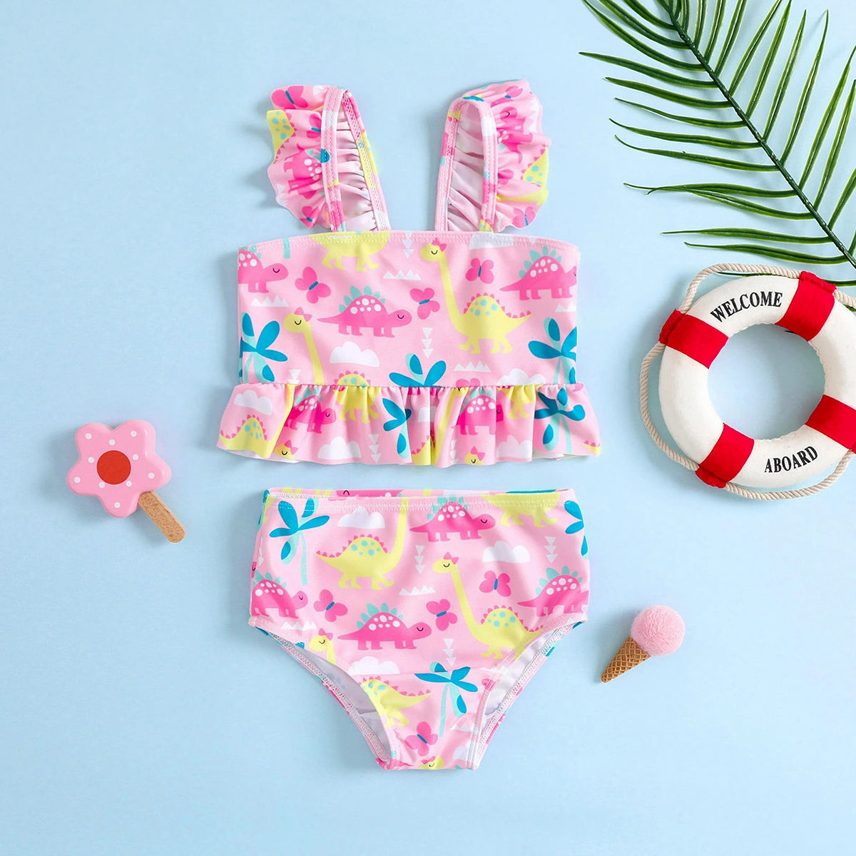 Girls Pink Dinosaur Printed Ruffle Top With Briefs Swimwear Sets Sets Pink 1-2 Y