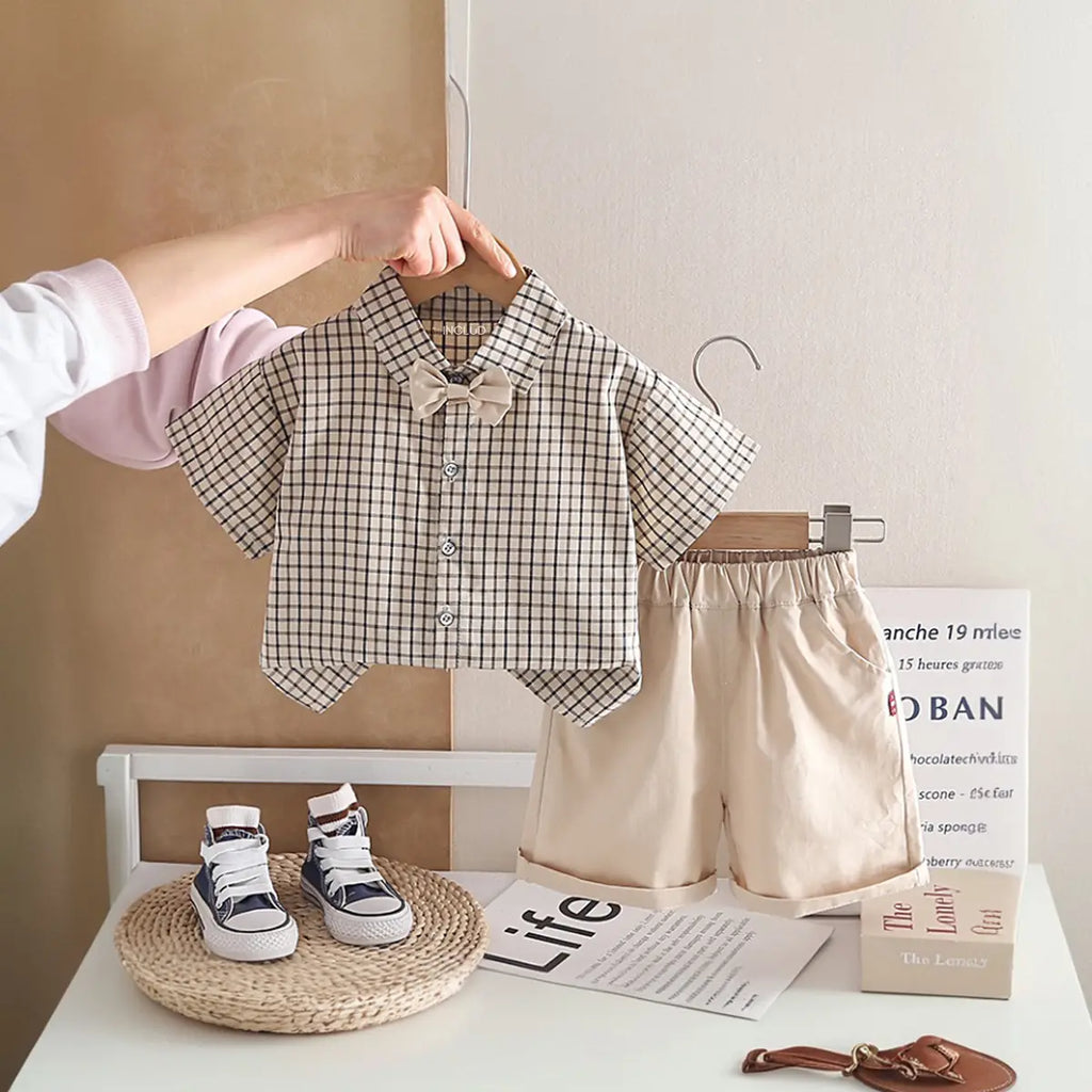 Boys Khaki Checked Button-Down Shirt With Shorts Sets Sets Khaki 1-2 Y