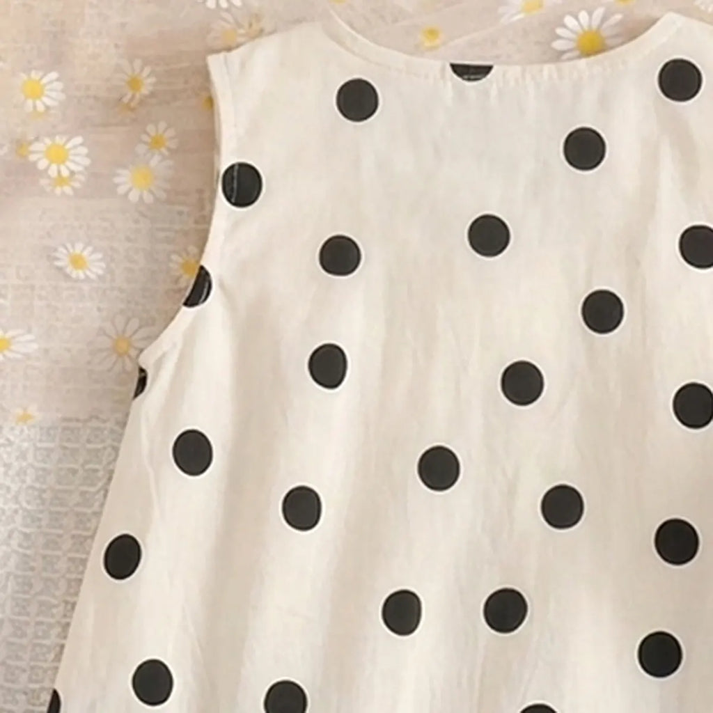 Girls Black Polka Dot Print Sleeveless Dress With Straw Sun Hat Casual Dresses
