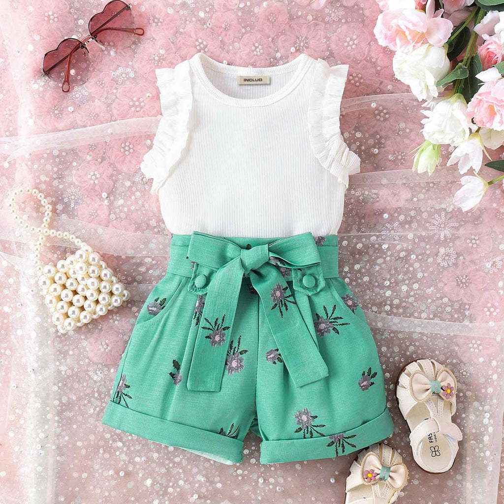 Girls Sleeveless Top With Floral Printed Shorts & Belt