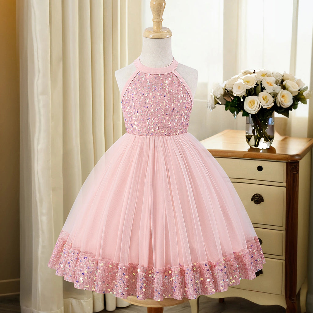Girls Light Pink Sequin Embellished Sleeveless Fit & Flare Dress Casual Dresses Light Pink 3-4 Y