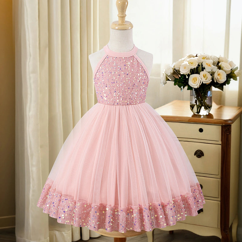 Girls Light Pink Sequin Embellished Sleeveless Fit & Flare Dress Casual Dresses Light Pink 3-4 Y