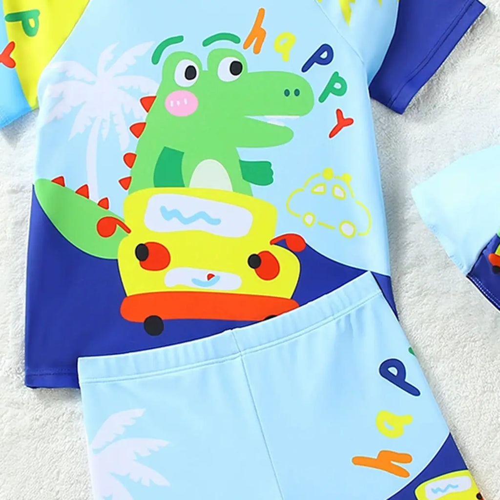Boys Sky Blue Car Printed Short Sleeves T-Shirt & Shorts With Cap Swimsuit Sets Sets
