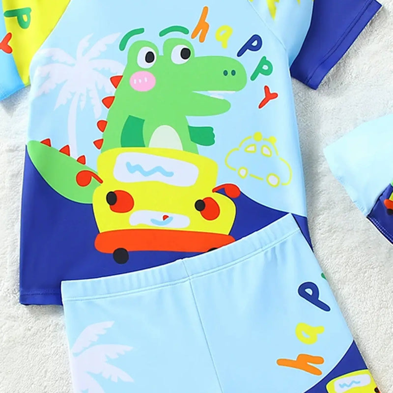 Boys Sky Blue Car Printed Short Sleeves T-Shirt & Shorts With Cap Swimsuit Sets Sets