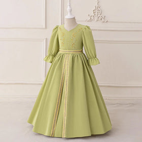 Girls Green Embroidered Fit & Flare Maxi Dress With Puff Sleeves Casual Dresses