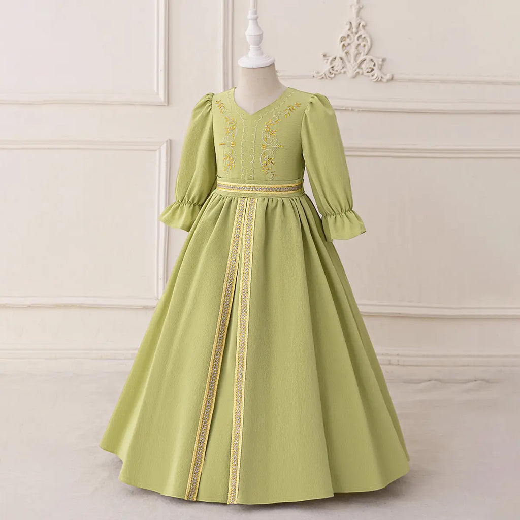 Girls Green Embroidered Fit & Flare Maxi Dress With Puff Sleeves Casual Dresses